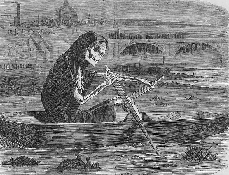 The silent highwayman : Death rows on the Thames, claiming the lives of victims who have not paid to have the river cleaned up, during the Great Stink. (Cartoon from Punch Magazine, Volume 35 Page 137; 10 July 1858)